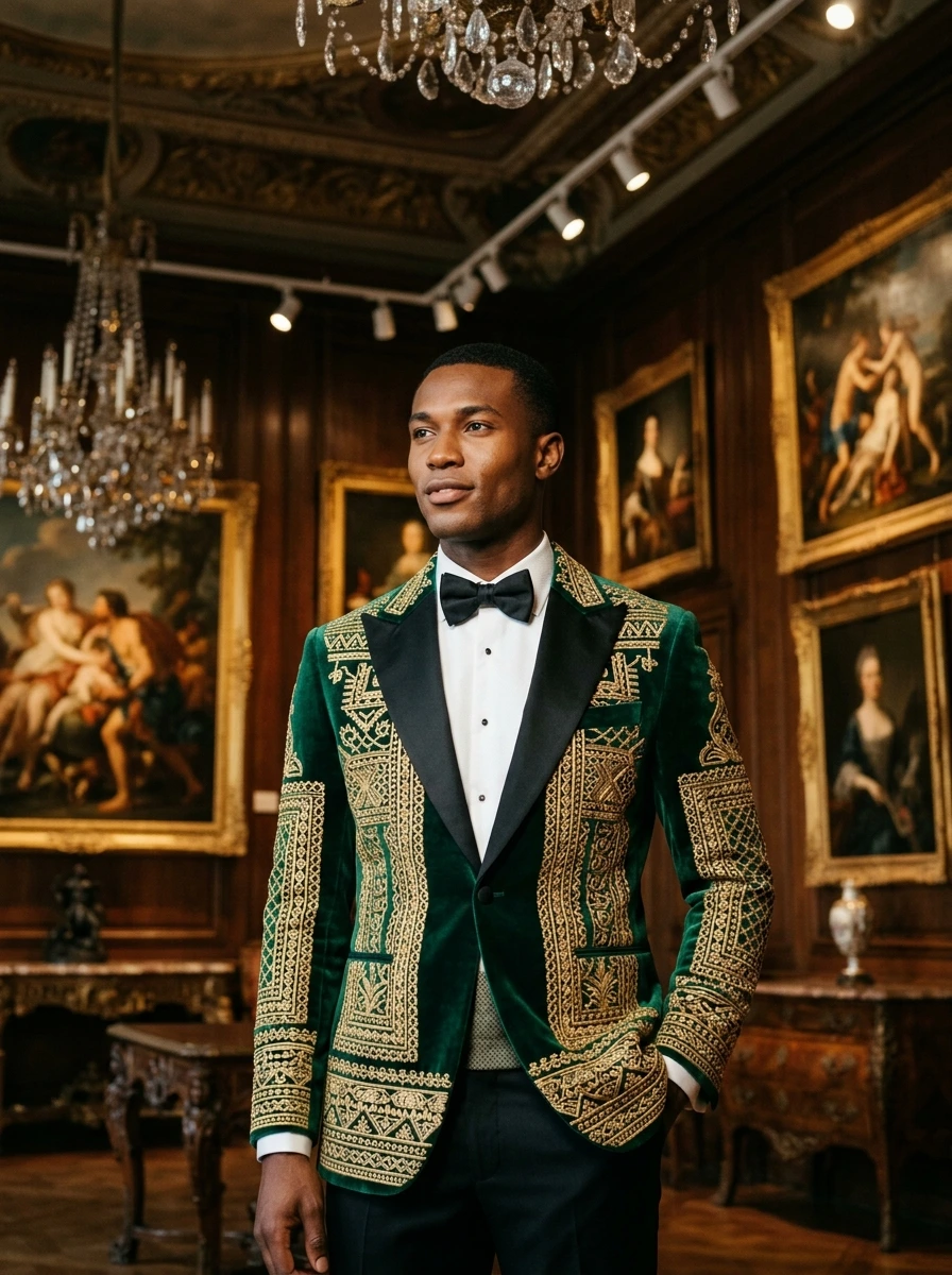 The Sartorial Heirloom Bespoke Regal Velvet & Gold Embroidered Tuxedo Ensemble